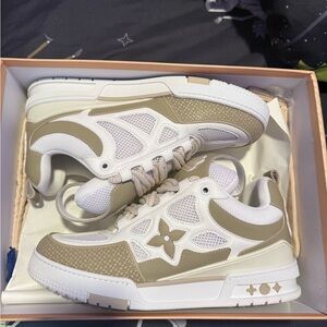 Stylish White and Tan Sneakers